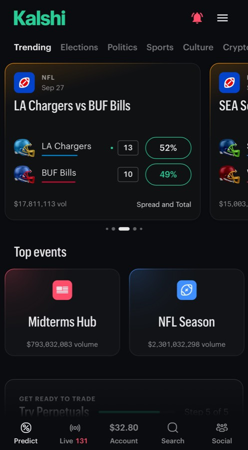 Kalshi home screen with trending NFL markets