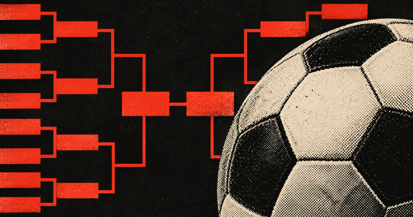 Black print-poster artwork with a grainy, unbranded football cut-out and vermilion knockout-bracket geometry.