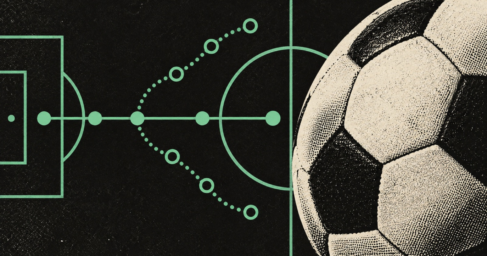 Black print-poster artwork with a grainy, unbranded football cut-out and mint-green pitch paths.