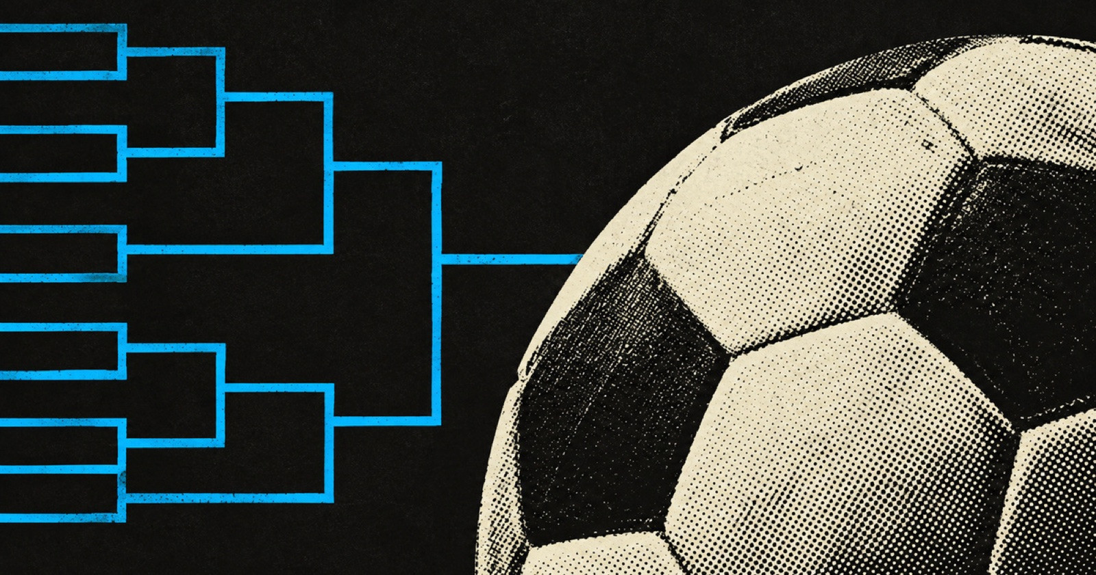 Black print-poster artwork with a grainy, unbranded football cut-out and cyan knockout-bracket geometry.