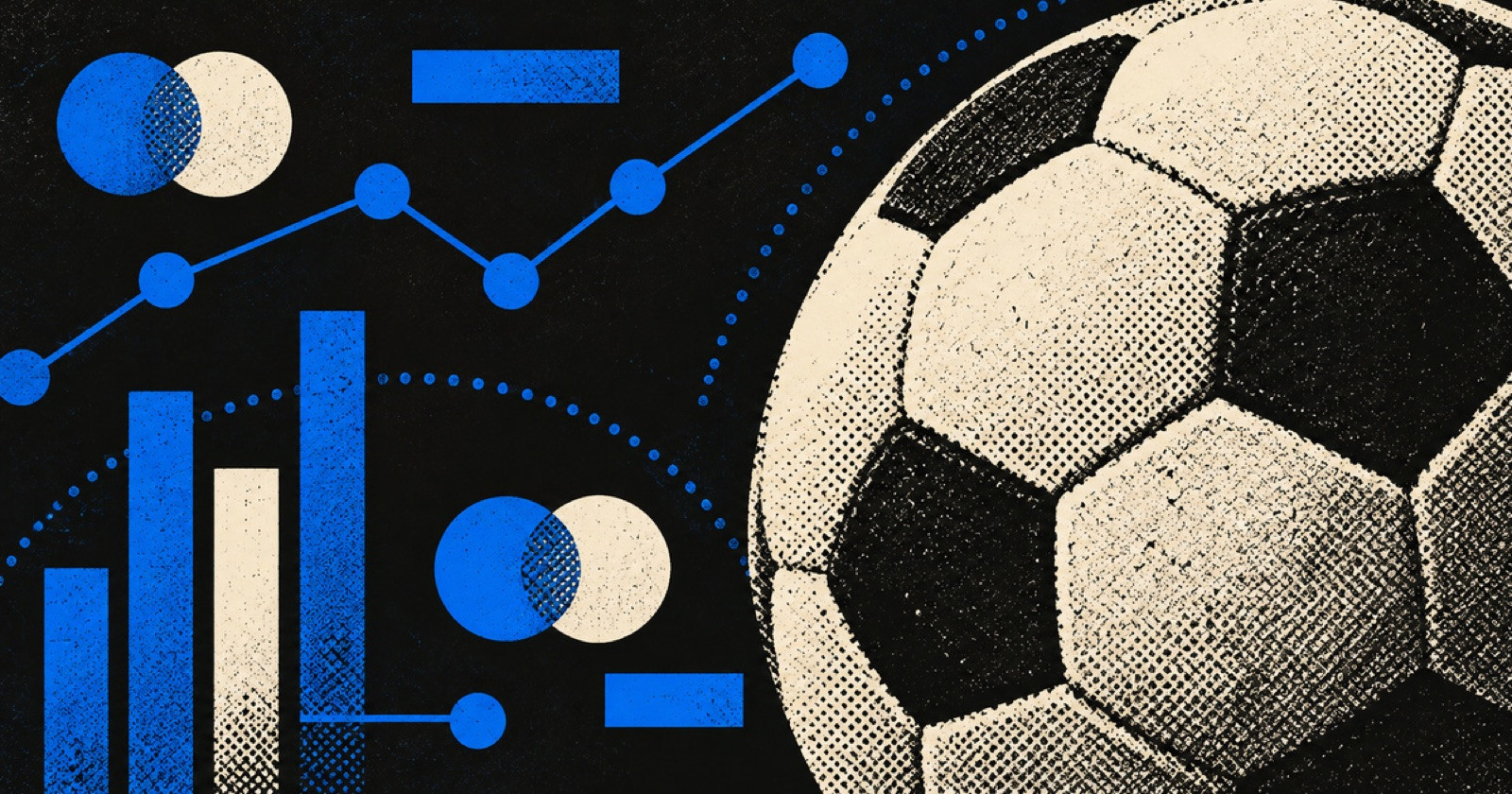 Black print-poster artwork with a grainy, unbranded football cut-out and cobalt geometric market motifs.